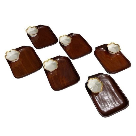 Vintage Denny Francis 1978 Wood Snack Trays w/ Porcelain Dishes | Set of 6 - Picture 5 of 7